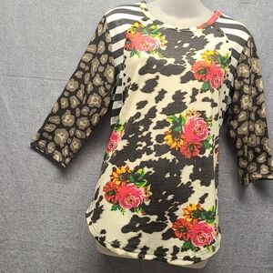 Crazy Train Multi-Pattern,¾ Sleeve Top (Sm)NWT